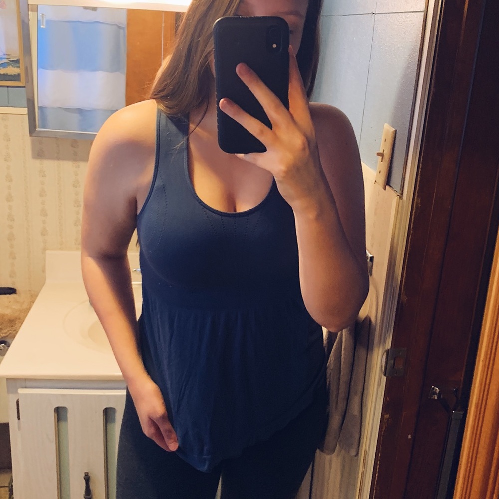 navy blue CHAMPION workout top with built-in bra